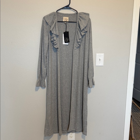 Chaser Ruffle Trim Belted Cardigan Ribbed Knit Longline Open Front NWT SZ SM - Picture 3 of 5